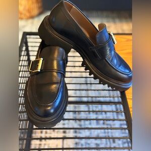 AllSaints Emily Loafer Chunky Black Leather Lug Sole with Buckle 39 / 8.5